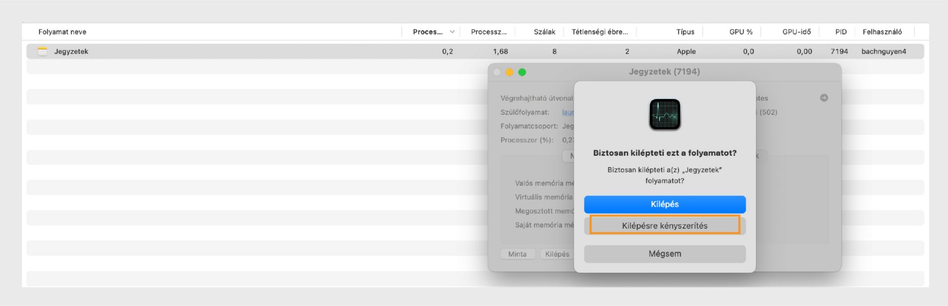 A macOS Tevékenységfigyelő kéri a Microsoft Word kiléptetését vagy kényszerített kiléptetését, kiemelve a Kényszerített kilépés lehetőséget.