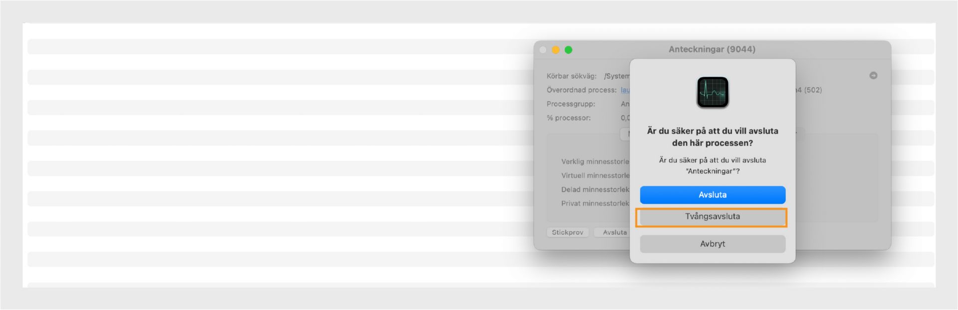 macOS Aktivitetsövervakare som uppmanar att avsluta eller tvångsavsluta Microsoft Word, med Tvångsavsluta markerat.