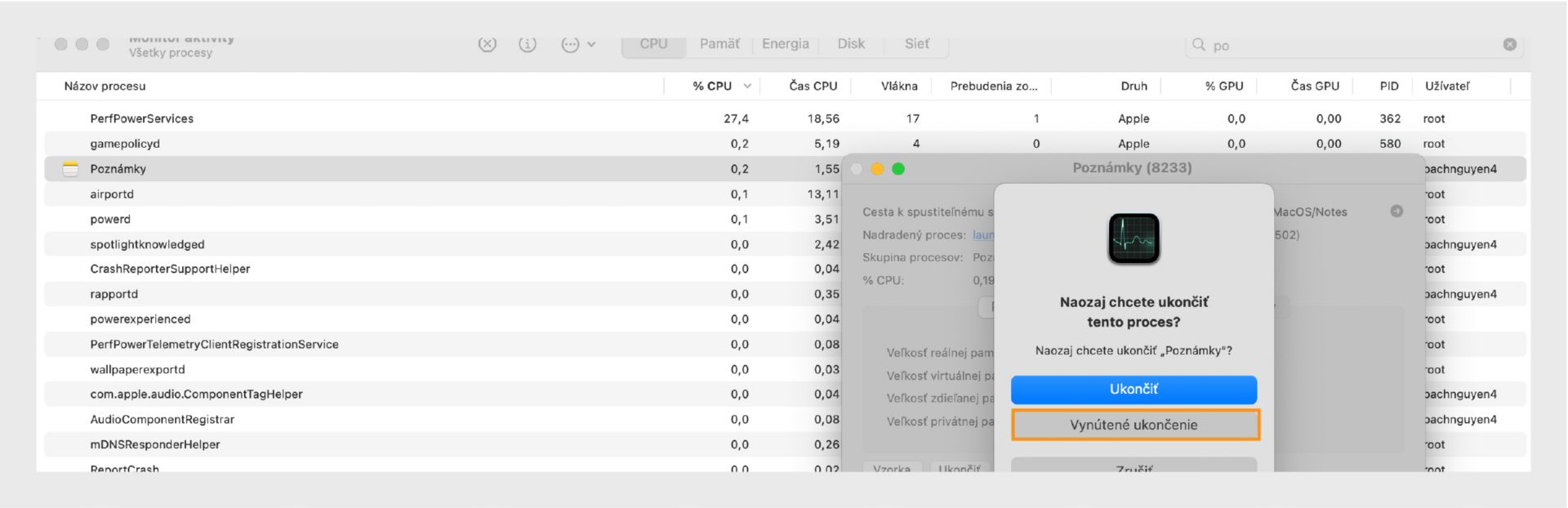 Monitor aktivity v macOS vyzývajúci na ukončenie alebo vynútené ukončenie programu Microsoft Word, s zvýraznenou možnosťou Vynútiť ukončenie.