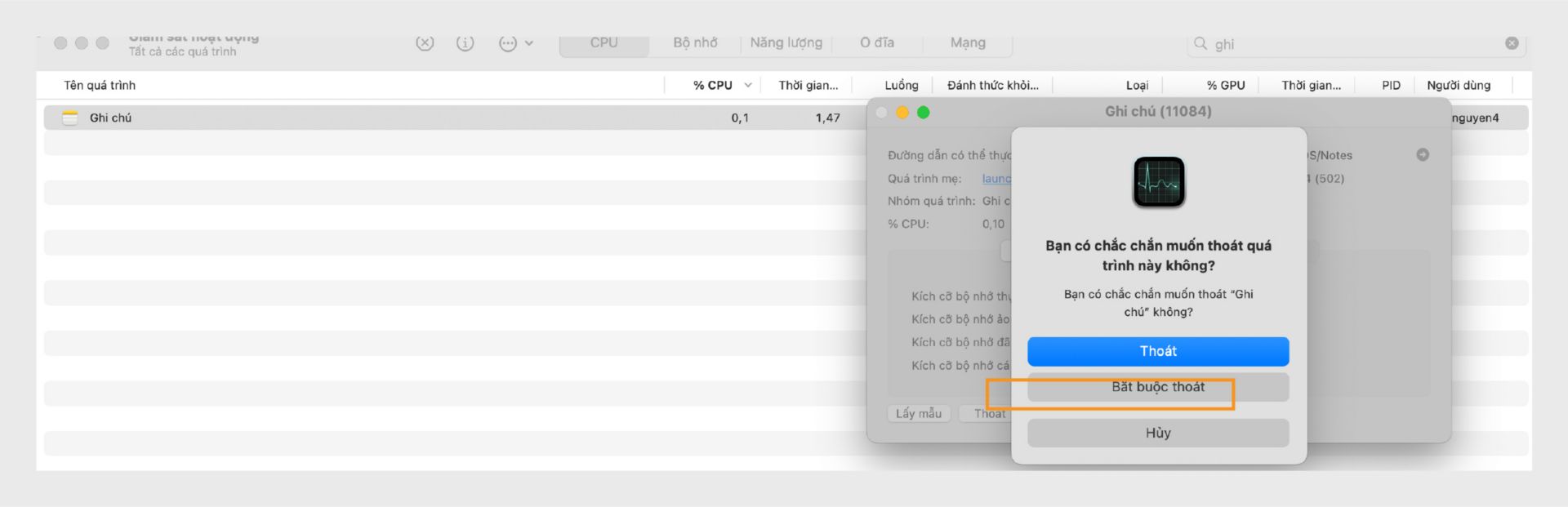 Màn hình theo dõi hoạt động của macOS nhắc nhở thoát hoặc buộc thoát Microsoft Word, với Buộc thoát được làm nổi bật.