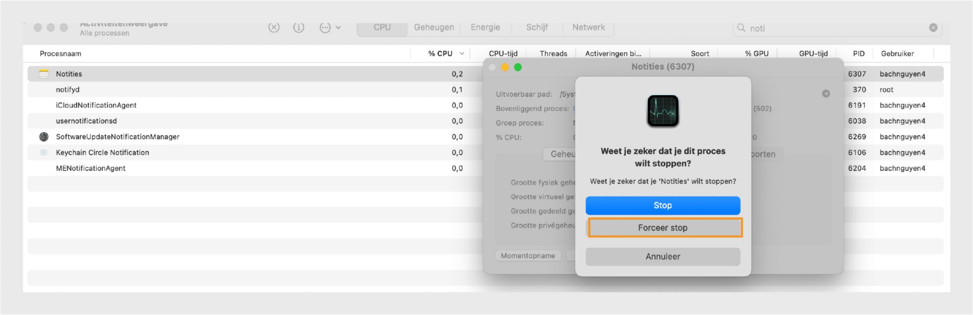 macOS Activiteitenweergave vraagt om Microsoft Word af te sluiten of geforceerd te stoppen, met Geforceerd stoppen gemarkeerd.