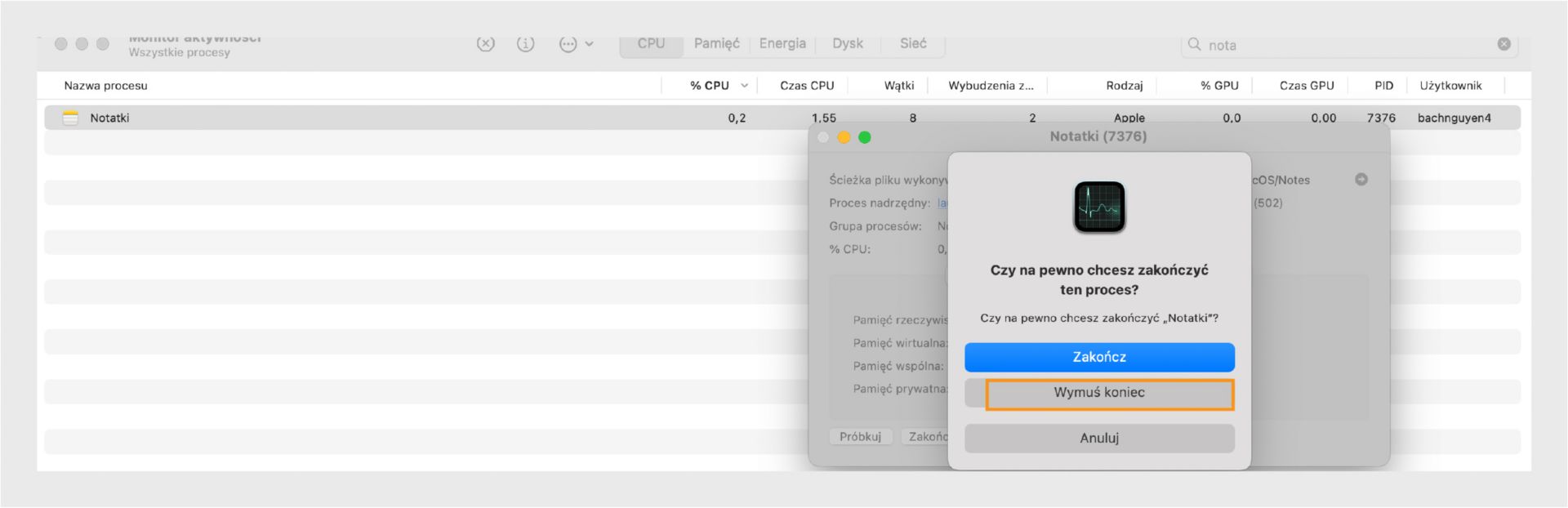 Monitor aktywności macOS z prośbą o zakończenie lub wymuszenie zakończenia Microsoft Word, z wyróżnioną opcją Wymuś zakończenie.
