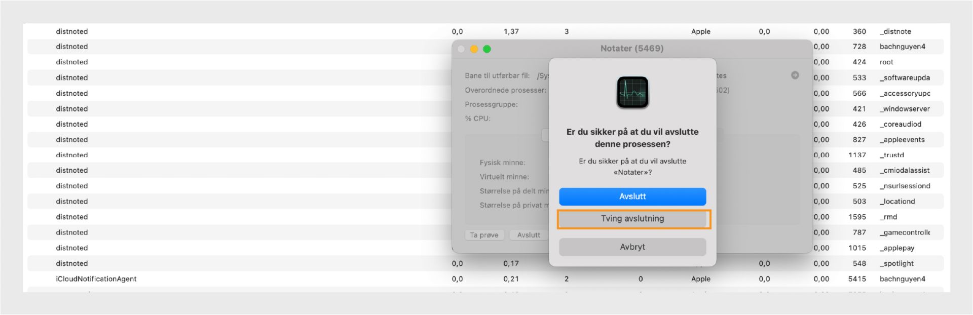 macOS Aktivitetsovervåking som ber om å avslutte eller tvinge avslutning av Microsoft Word, med Tving avslutning uthevet.