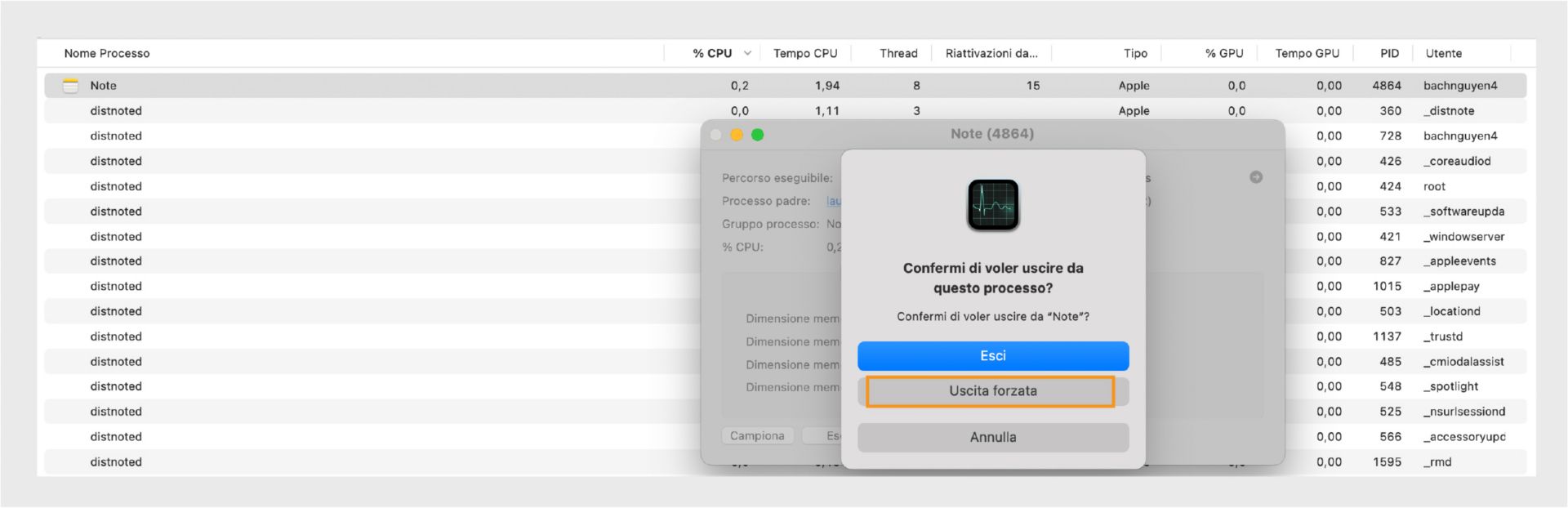 Monitoraggio Attività di macOS che chiede di uscire o forzare l'uscita da Microsoft Word, con Forza uscita evidenziato.