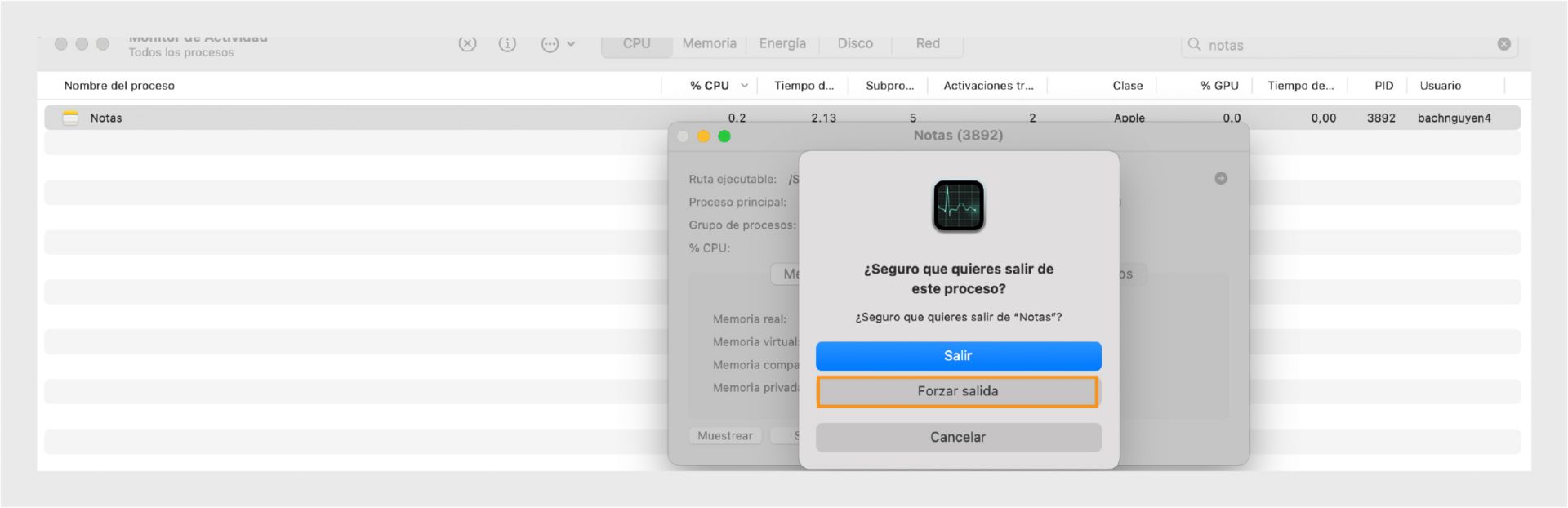 Monitor de Actividad de macOS solicitando salir o forzar la salida de Microsoft Word, con Forzar salida resaltado.