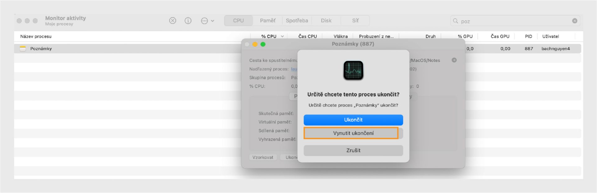 Monitor aktivity macOS vyzývající k ukončení nebo vynucenému ukončení Microsoft Word, s zvýrazněnou možností Vynutit ukončení.