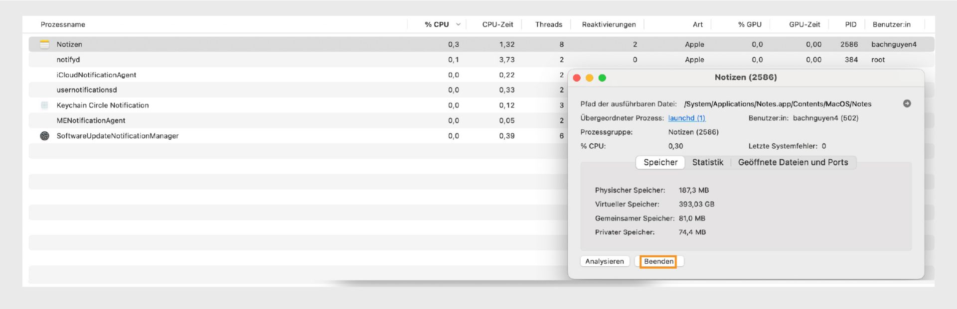 macOS Aktivitätsanzeige mit Details zum Microsoft Word-Prozess und hervorgehobenem Button „Beenden”.
