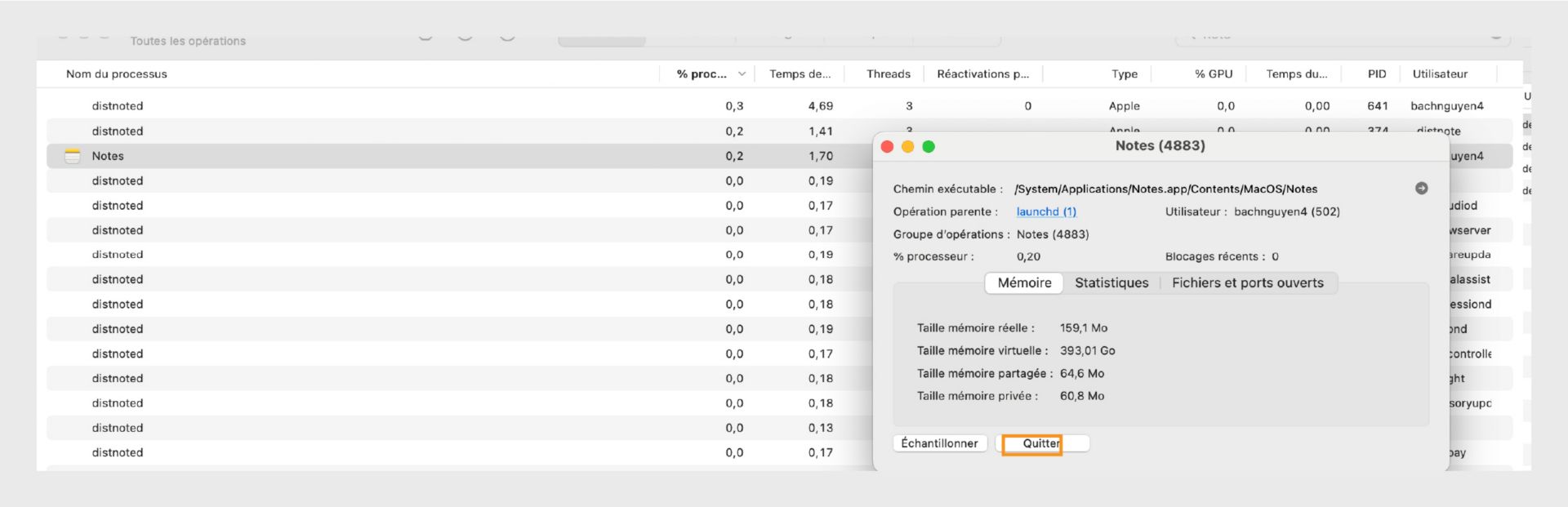 Moniteur d'activité de macOS montrant les détails du processus Microsoft Word avec le bouton Quitter mis en évidence.