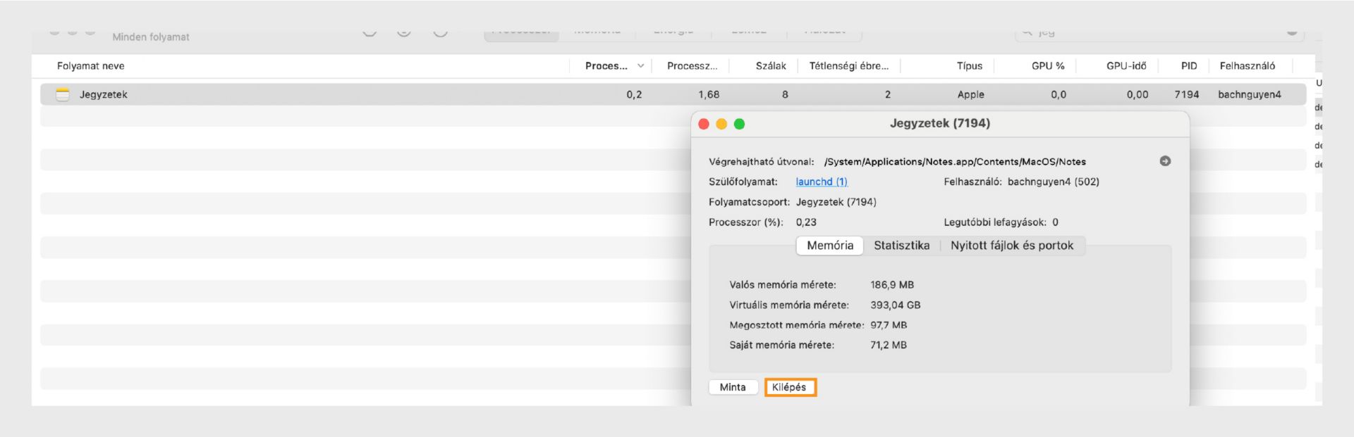A macOS Aktivitásmonitor a Microsoft Word folyamat részleteit mutatja, kiemelve a Kilépés gombot.