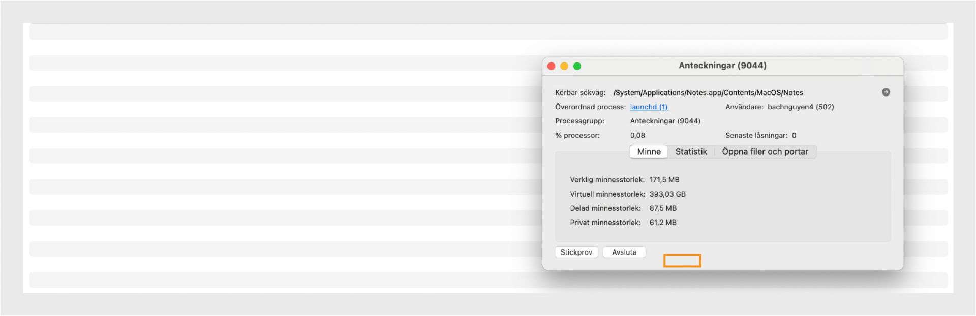 macOS Aktivitetsövervakare som visar processdetaljer för Microsoft Word med knappen Avbryt markerad.