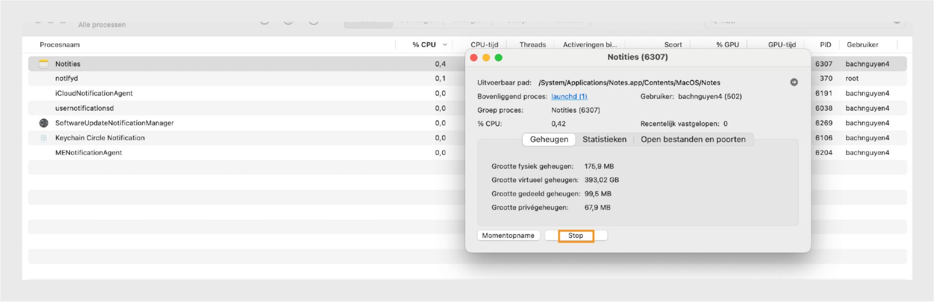 macOS Activiteitenweergave met procesdetails van Microsoft Word en de knop Afsluiten gemarkeerd.