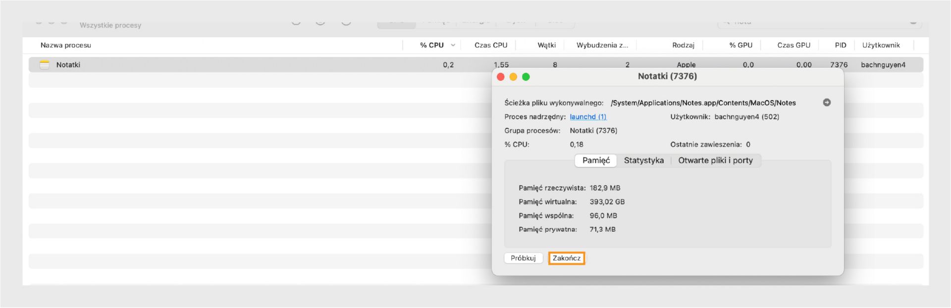 Monitor aktywności macOS pokazujący szczegóły procesu Microsoft Word z wyróżnionym przyciskiem Zakończ.