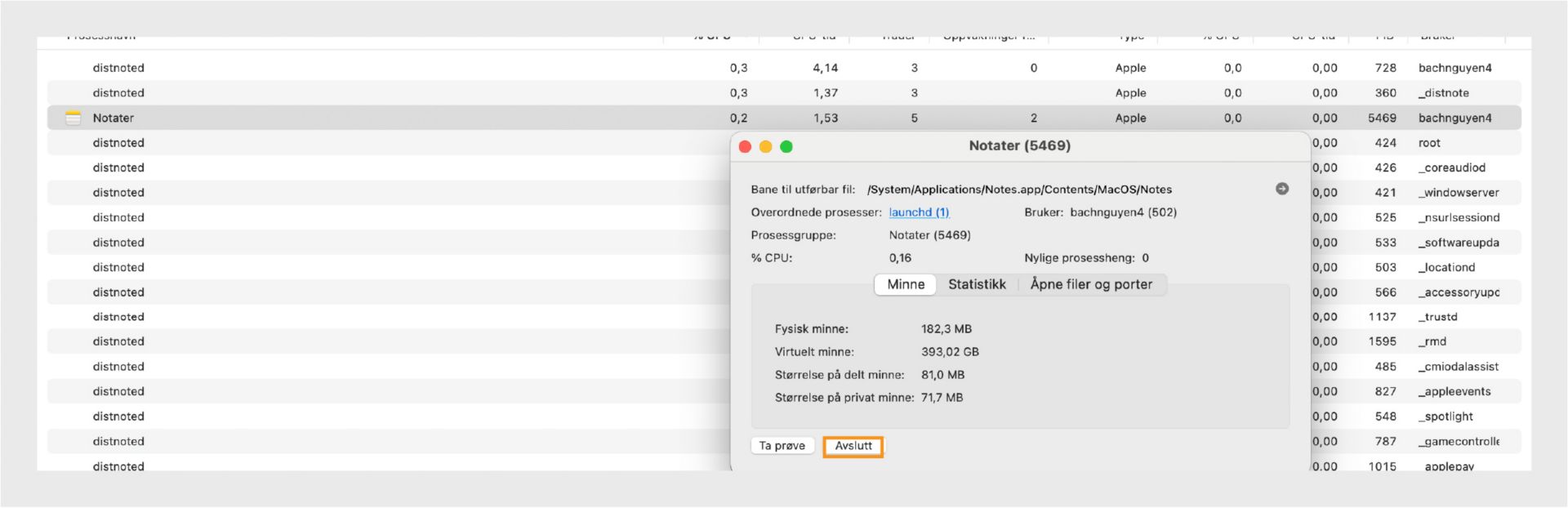 macOS Aktivitetsovervåking som viser Microsoft Word-prosessdetaljer med Avslutt-knappen uthevet.