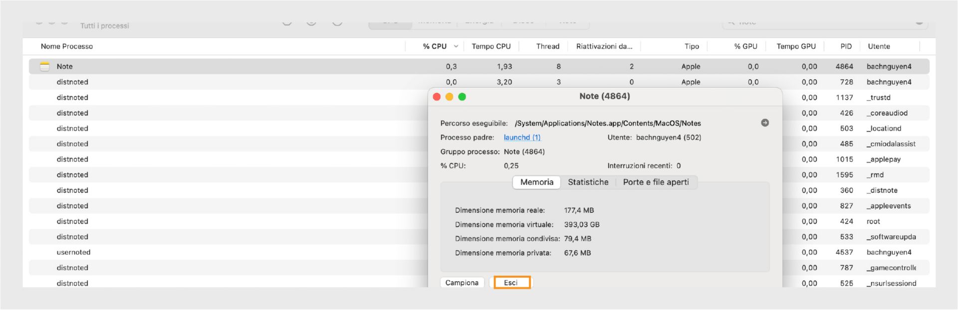 Monitoraggio Attività di macOS che mostra i dettagli del processo Microsoft Word con il pulsante Esci evidenziato.