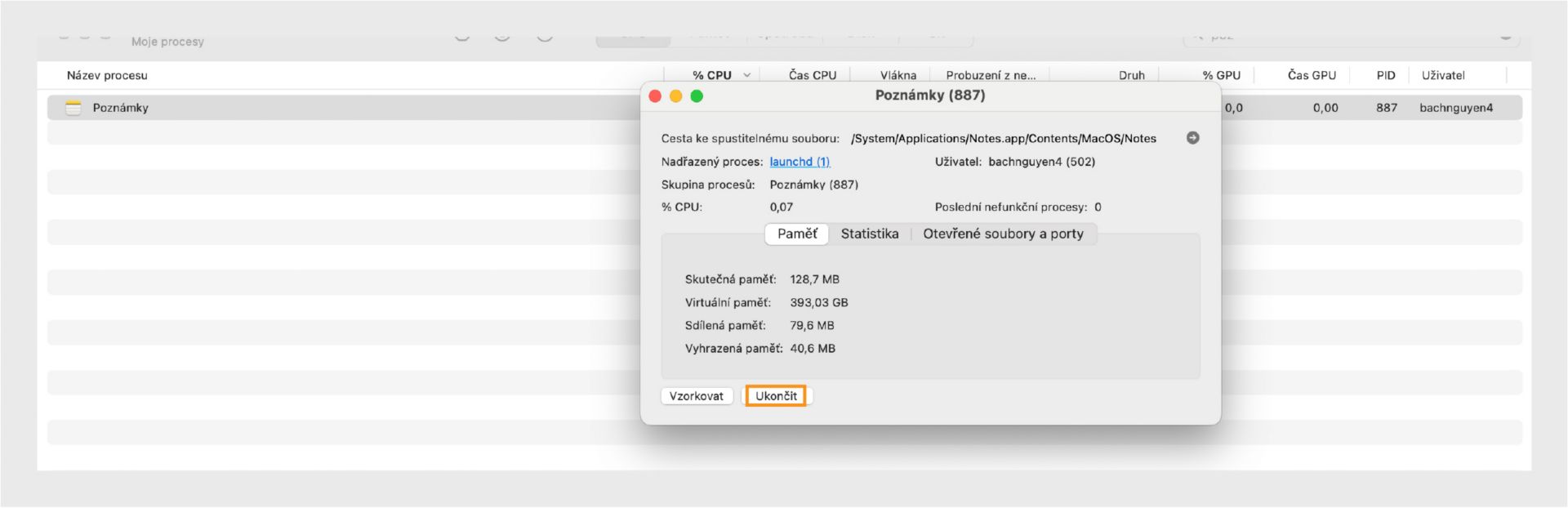 Monitor aktivity macOS zobrazující podrobnosti o procesu Microsoft Word se zvýrazněným tlačítkem Ukončit.