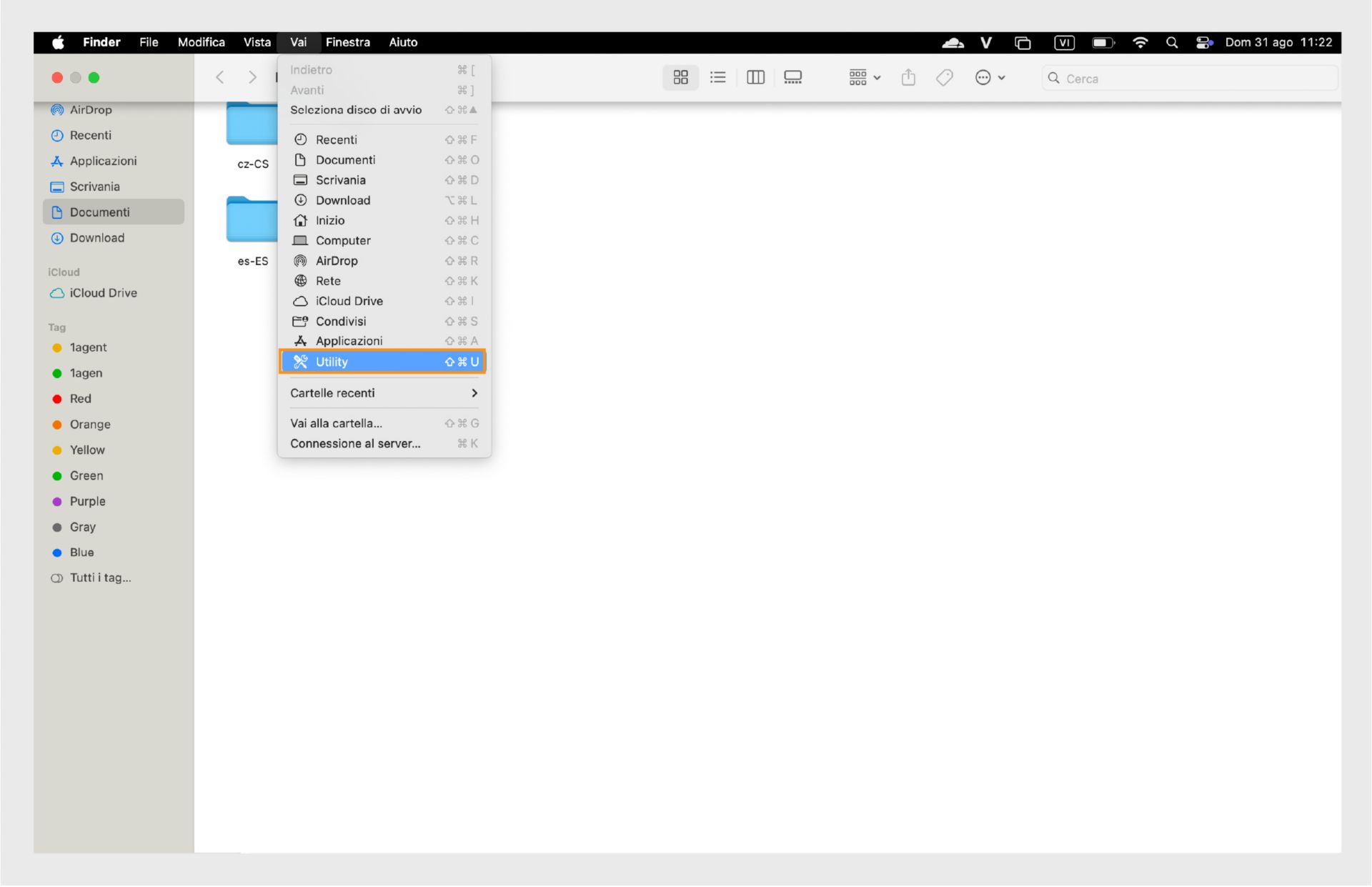 Finestra del Finder di macOS che evidenzia la cartella Utility nella barra laterale sinistra.