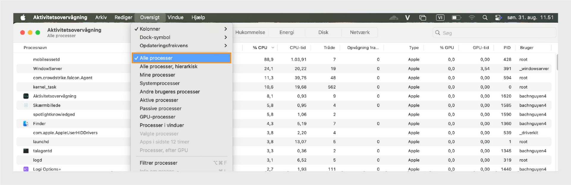 Vinduet Finder i macOS, der fremhæver menupunktet Vis, der viser ydelsesmålinger, herunder forbrug af CPU, hukommelse, disk og netværk.