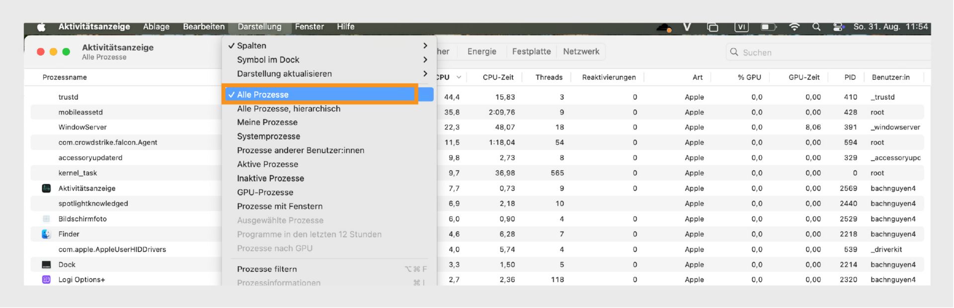 macOS Finder-Fenster mit hervorgehobener Option „Darstellung” im Menü, das Leistungsmetriken anzeigt, einschließlich CPU-, Speicher-, Festplatten- und Netzwerkauslastung.
