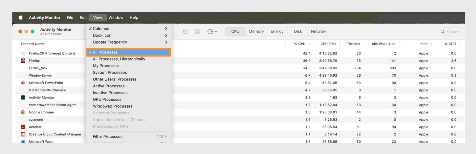 macOS Finderi aken, kus on esile tõstetud menüüvalik „Vaade“, mis kuvab jõudlusnäitajaid, sealhulgas CPU, mälu, ketta ja võrgu kasutust.