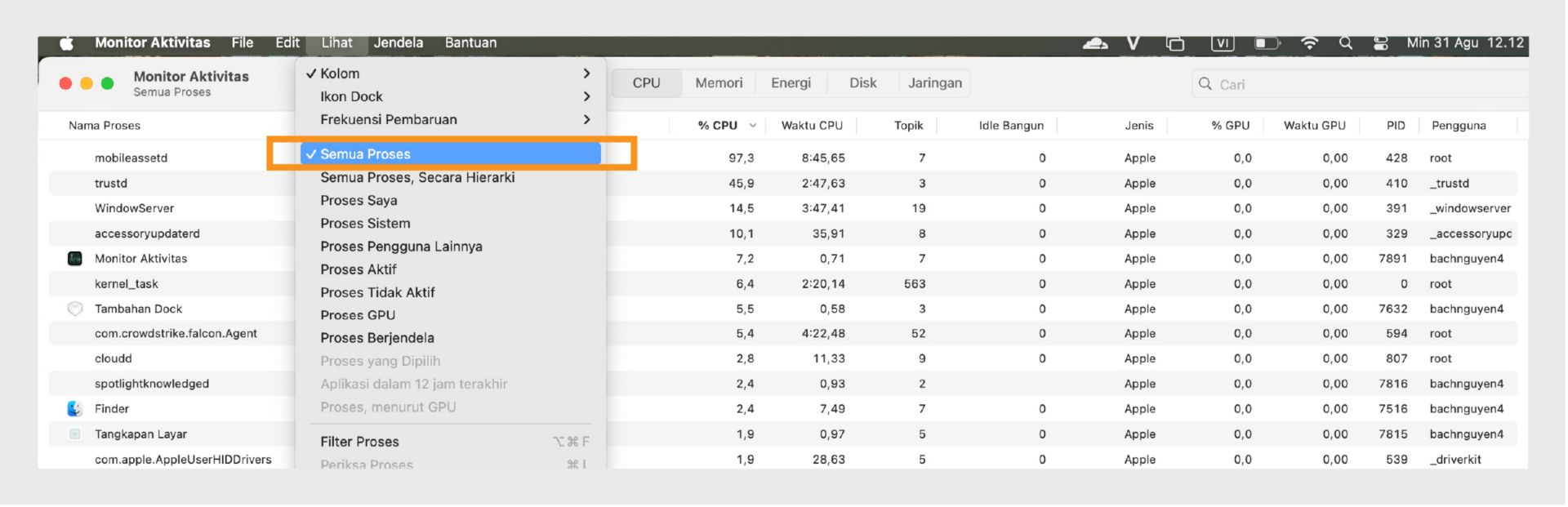Jendela finder macOS menyorot opsi menu Tampilan, menampilkan metrik kinerja, termasuk penggunaan CPU, memori, disk, dan jaringan.