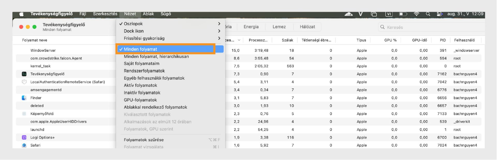 A macOS Finder ablak kiemeli a Nézet menüpontot, megjelenítve a teljesítménymutatókat, beleértve a CPU-, memória-, lemez- és hálózathasználatot.