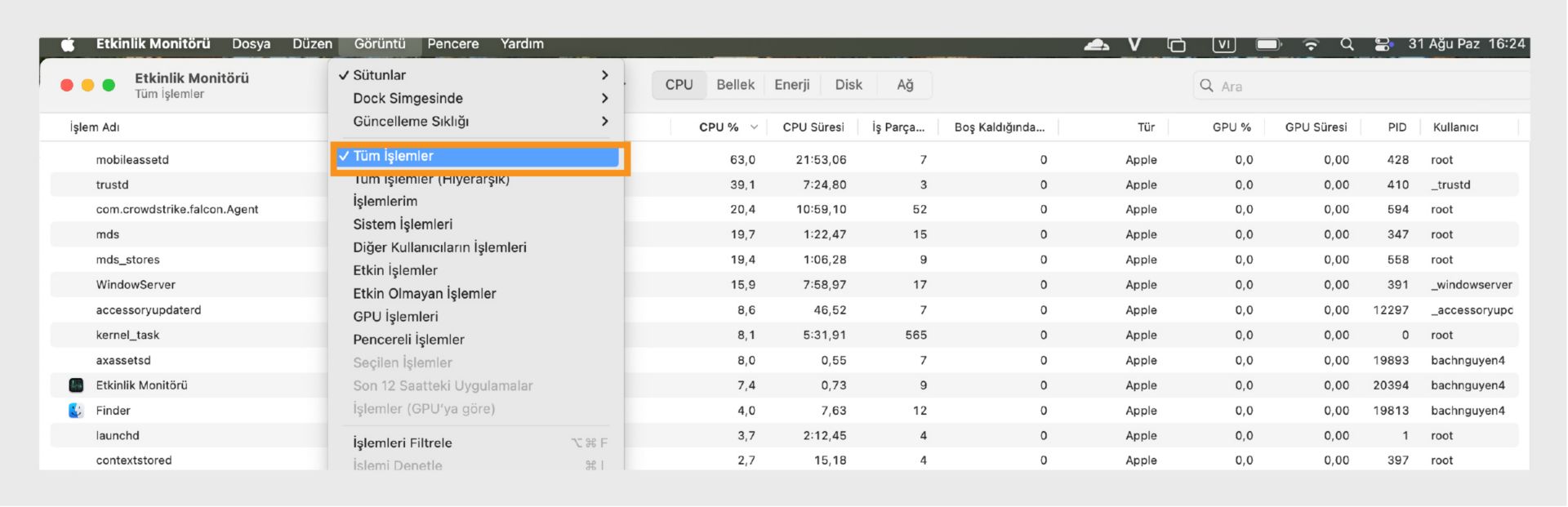 CPU, bellek, disk ve ağ kullanımı dahil performans ölçümlerini gösteren Görünüm menü seçeneğini vurgulayan macOS Finder penceresi.