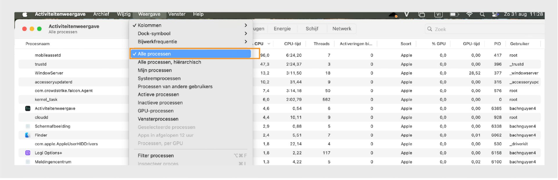 macOS Finder-venster met de optie Weergave in het menu gemarkeerd, met prestatiegegevens zoals CPU-, geheugen-, schijf- en netwerkgebruik.