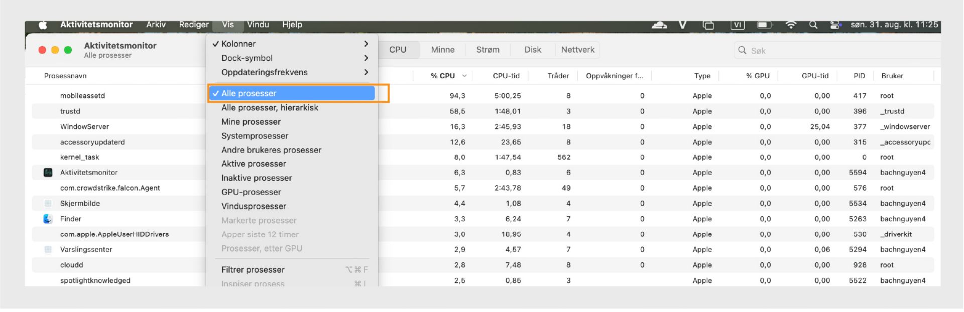 macOS Finder-vindu som fremhever Vis-menyalternativet, viser ytelsesmetrikk, inkludert CPU-, minne-, disk- og nettverksbruk.