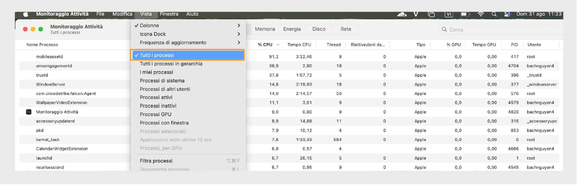 Finestra del Finder di macOS che evidenzia l'opzione di menu Vista, mostrando le metriche delle prestazioni, inclusi l'utilizzo di CPU, memoria, disco e rete.