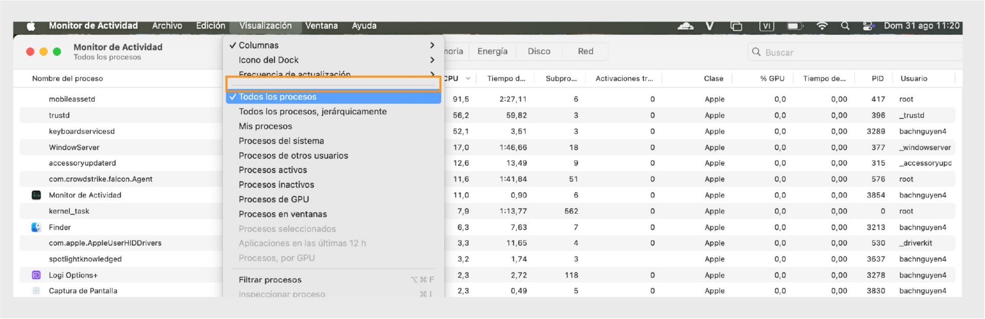 Ventana del Finder de macOS resaltando la opción de menú Vista, mostrando métricas de rendimiento, incluido el uso de CPU, memoria, disco y red.