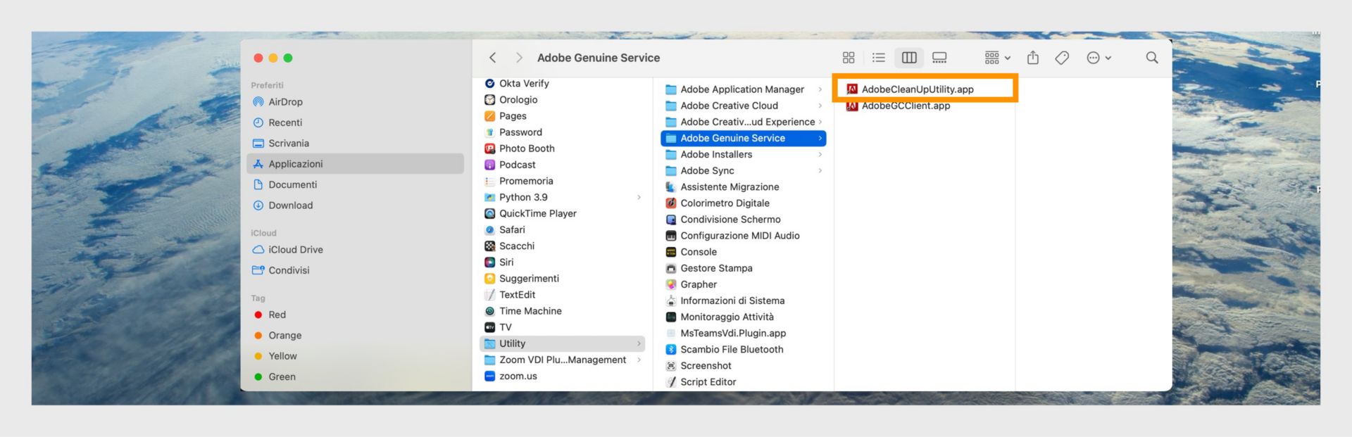 Finder logs, kurā redzama Adobe Genuine Service mape ar izceltu AdobeCleanUpUtility.app.