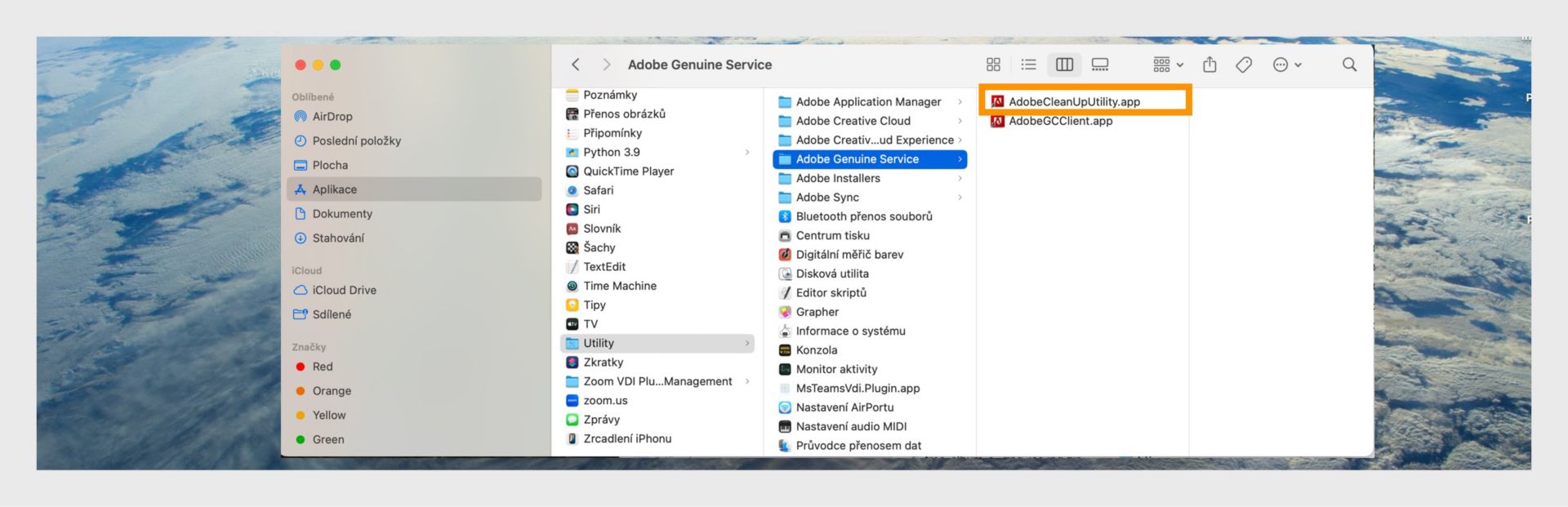 Okno aplikace Finder zobrazující složku Adobe Genuine Service se zvýrazněnou aplikací AdobeCleanUpUtility.app.