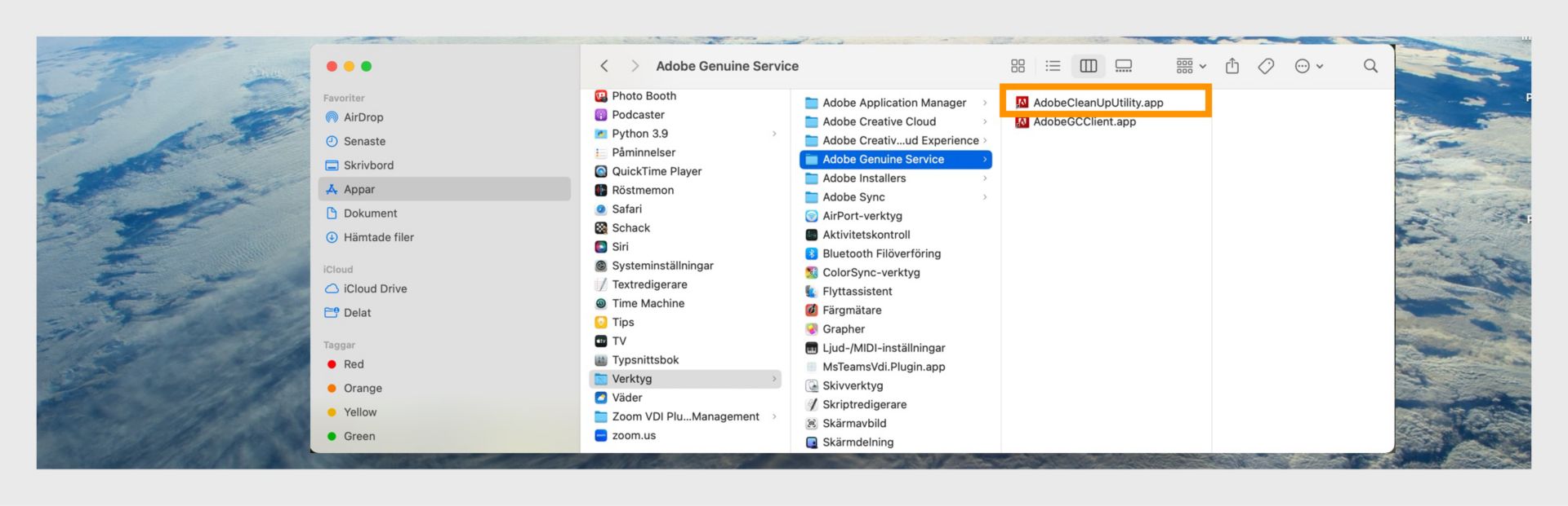 Finder-fönster som visar mappen Adobe Genuine Service med AdobeCleanUpUtility.app markerat.