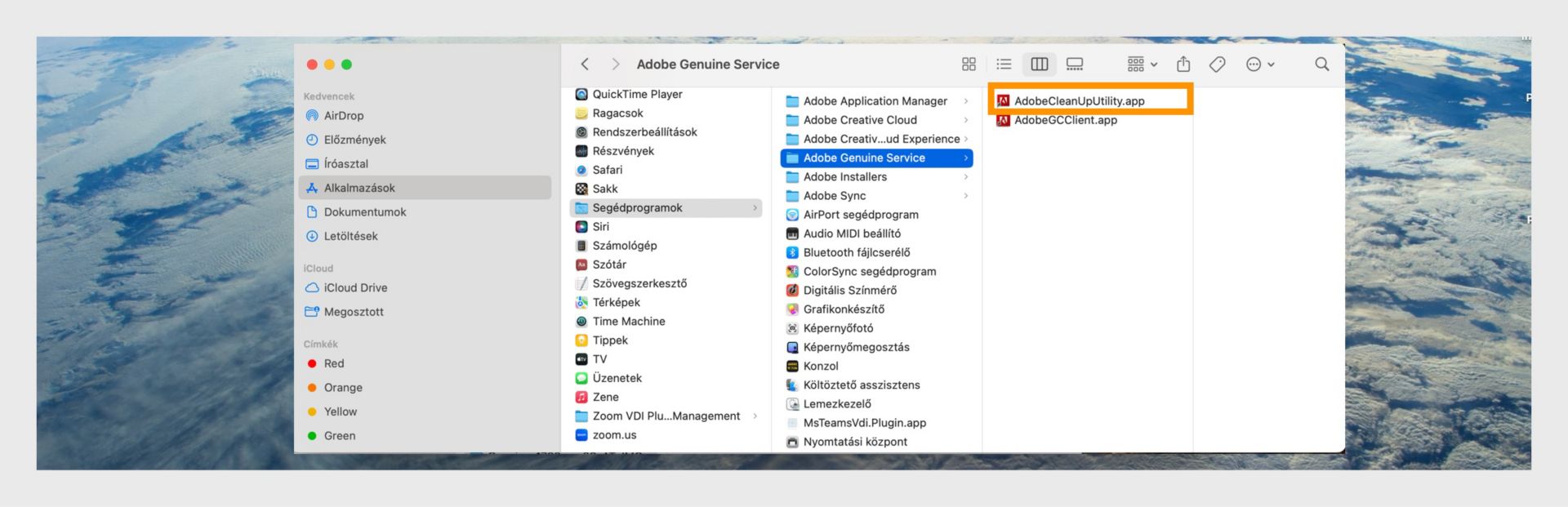 Finder ablak, amely az Adobe Genuine Service mappa tartalmát mutatja a kiemelt AdobeCleanUpUtility.app fájllal.