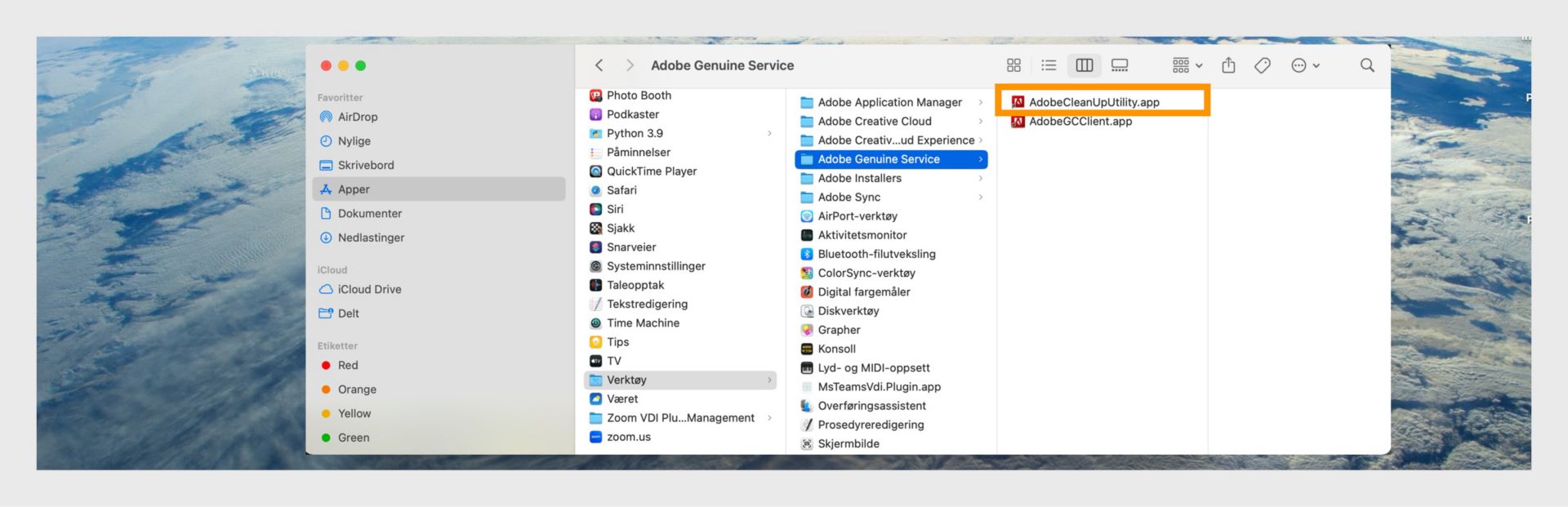 Finder-vindu som viser Adobe Genuine Service-mappen med AdobeCleanUpUtility.app uthevet.