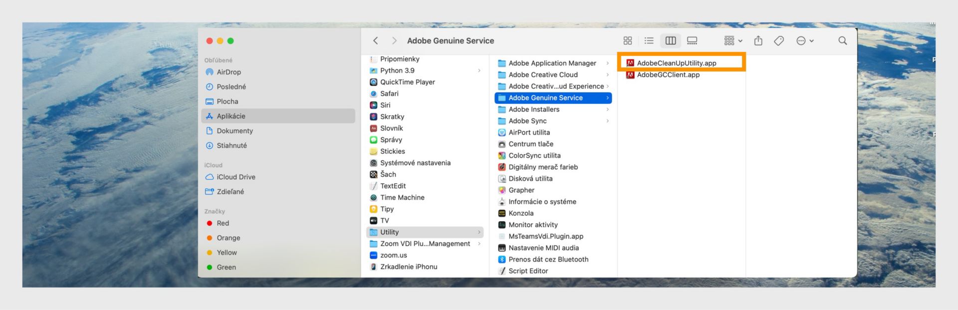 Okno Finder zobrazujúce priečinok Adobe Genuine Service so zvýraznenou aplikáciou AdobeCleanUpUtility.app.