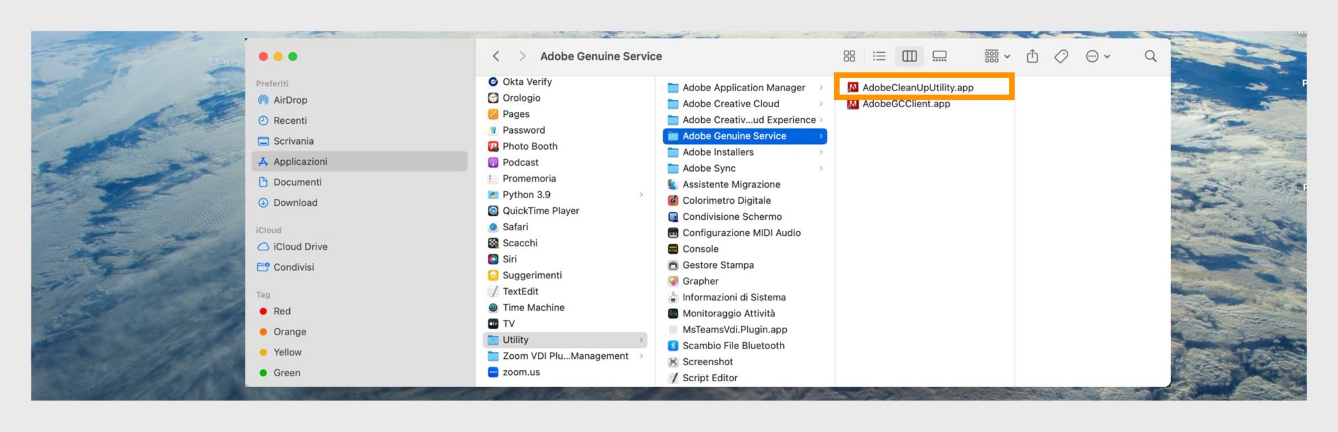 Finestra del Finder che mostra la cartella Adobe Genuine Service con AdobeCleanUpUtility.app evidenziata.