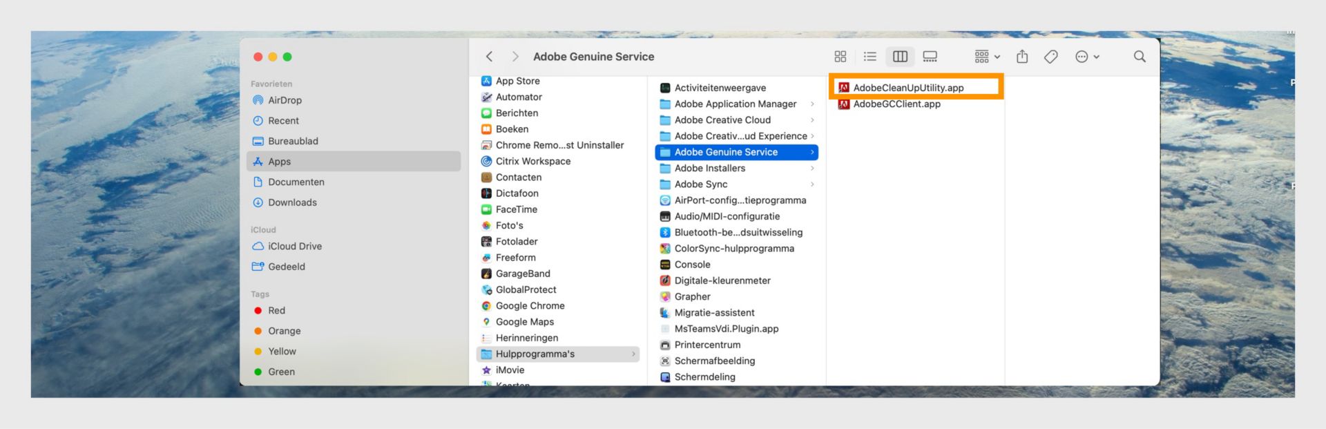 Finder-venster met de Adobe Genuine Service-map met AdobeCleanUpUtility.app gemarkeerd.