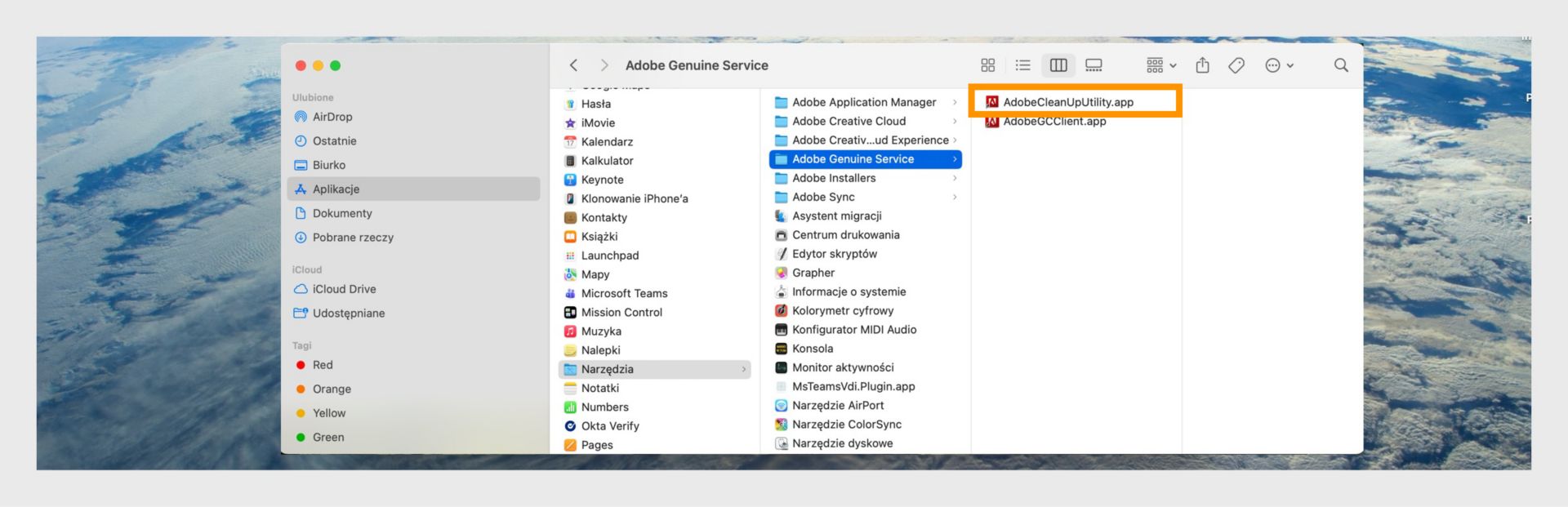 Okno Finder pokazujące folder Adobe Genuine Service z wyróżnioną aplikacją AdobeCleanUpUtility.app.