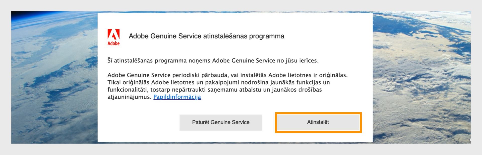 Adobe Genuine Service atinstalēšanas logs macOS ar izceltu pogu Atinstalēt.