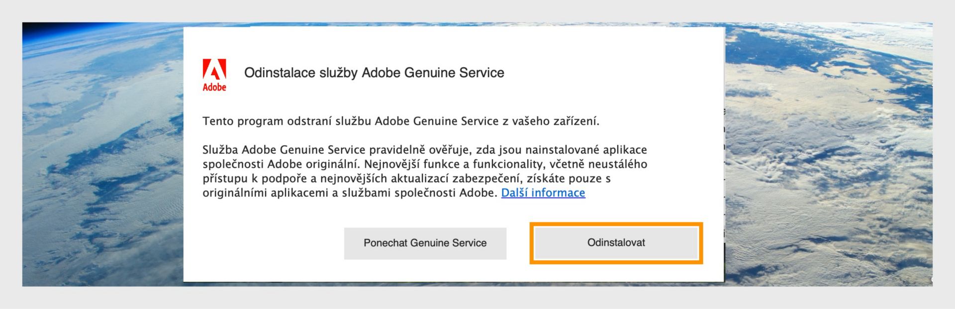Okno Adobe Genuine Service Uninstaller v systému macOS se zvýrazněným tlačítkem Odinstalovat.