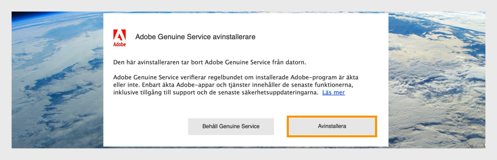 Adobe Genuine Service Uninstaller-fönster på macOS med knappen Avinstallera markerad.