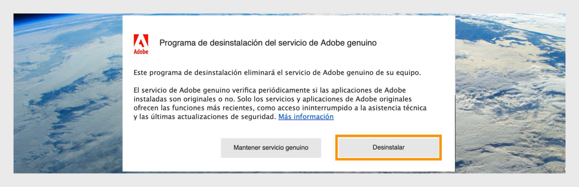 Ventana del Desinstalador de Adobe Genuine Service en macOS con el botón Desinstalar resaltado.