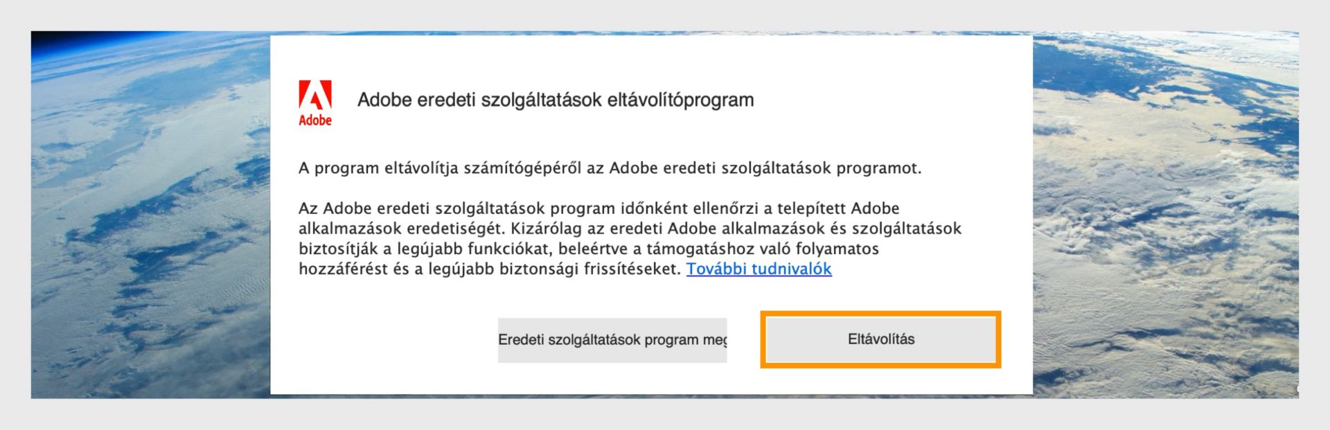 Az Adobe Genuine Service eltávolító ablaka macOS rendszeren a kiemelt Eltávolítás gombbal.