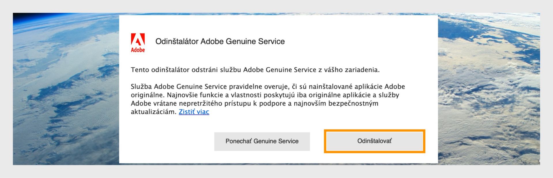 Okno odinštalátora Adobe Genuine Service v systéme macOS so zvýrazneným tlačidlom Odinštalovať.