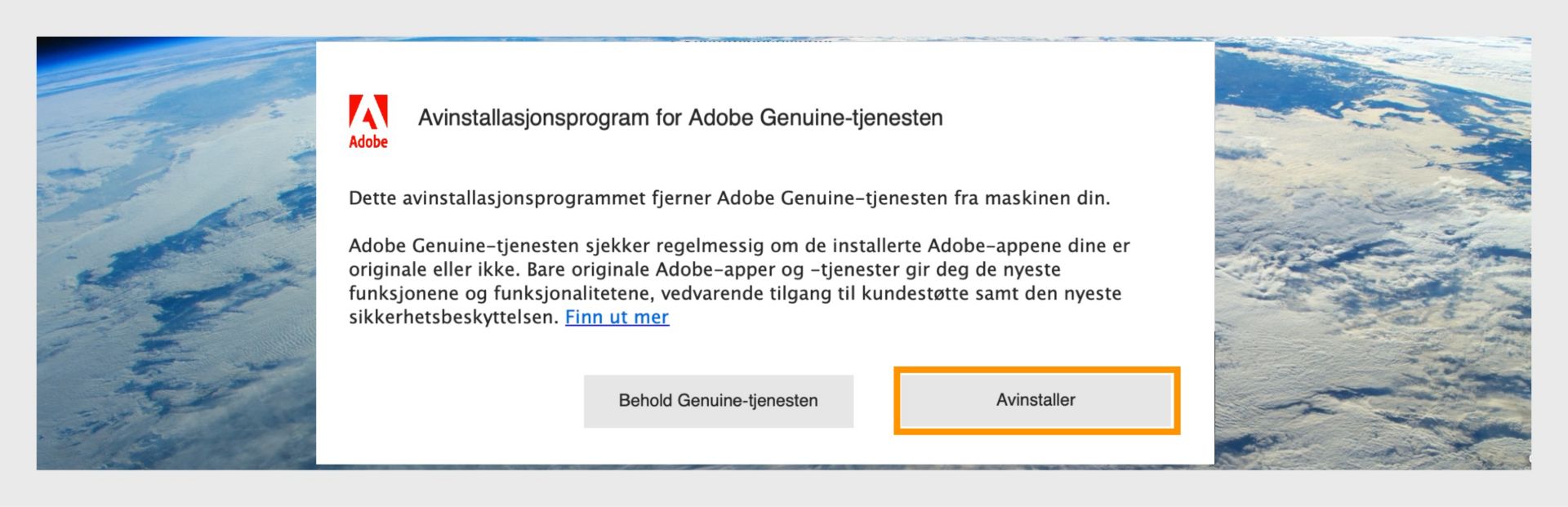 Adobe Genuine Service-avinstalleringsvindu på macOS med Avinstaller-knappen uthevet.