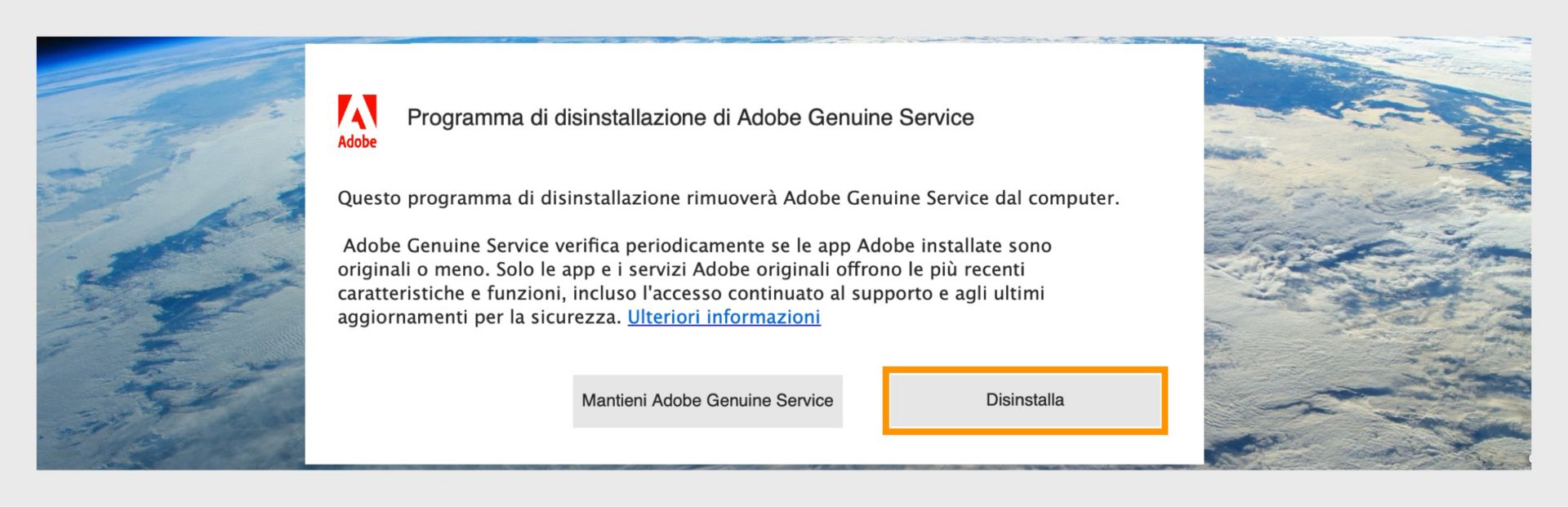 Finestra del programma di disinstallazione Adobe Genuine Service su macOS con il pulsante Disinstalla evidenziato.