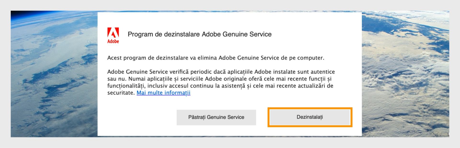 Fereastra Adobe Genuine Service Uninstaller pe macOS cu butonul Dezinstalare evidențiat.