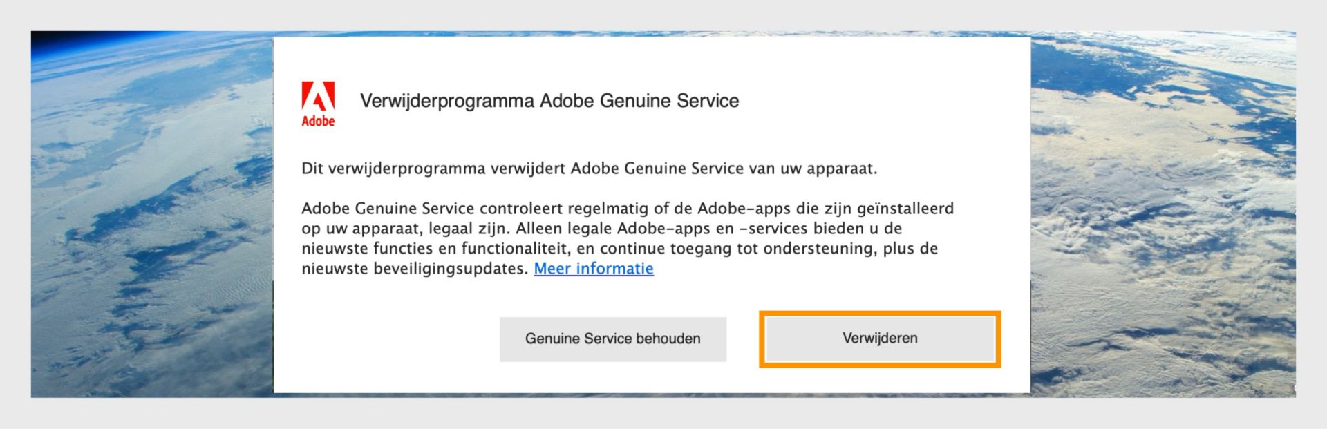 Adobe Genuine Service Uninstaller-venster op macOS met de knop Verwijderen gemarkeerd.