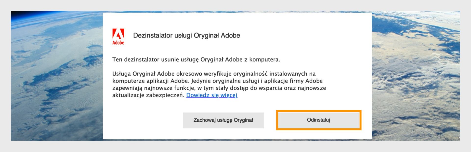 Okno Adobe Genuine Service Uninstaller w macOS z wyróżnionym przyciskiem Odinstaluj.